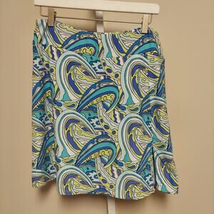 LuluB Skort Large Blue Wave Pattern Zip Slit Side Beach Gold Pickleball Travel
